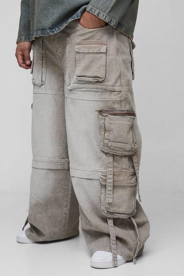 Plus Baggy Rigid Multi Pocket Strap Detail Cargo Jeans stone