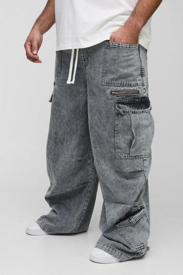 Plus Acid Wash Gebleekte Parachute Cargo Jeans Met Elastische Taille grey