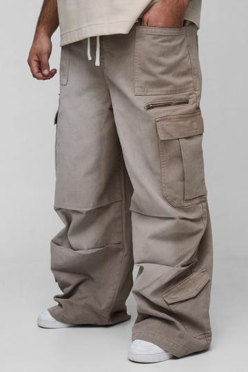 Stone Beige Plus Elasticated Waist Acid Wash Parachute Cargo Jeans