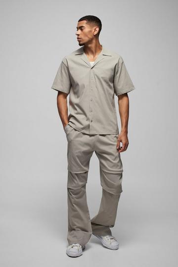 Oversized Revere Bengaline Shirt & Pleated Straight Stacked Trouser Set taupe