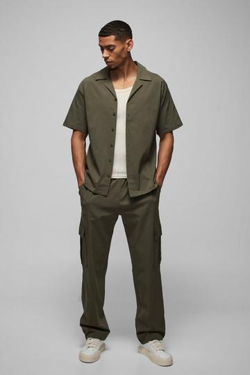 Oversized Revere Bengaline Shirt & Cargo Trouser Set olive