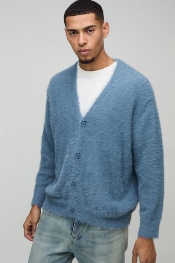 Boxy Fit Super Fluffy Knitted Cardigan slate blue