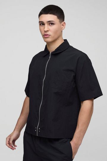 Oversized Crinkle Nylon Zip Up Shirt black