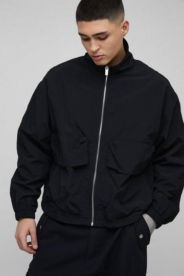 Oversized Boxy Crinkle Nylon Combat Track Jacket black