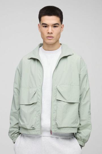 Oversized Boxy Crinkle Nylon Combat Track Jacket sage