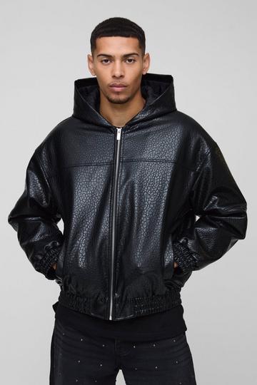 Black Oversized Boxy Textured PU Hooded Bomber Jacket