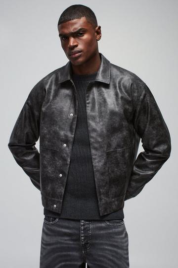 Oversized Washed PU Back Pleat Trucker Jacket black