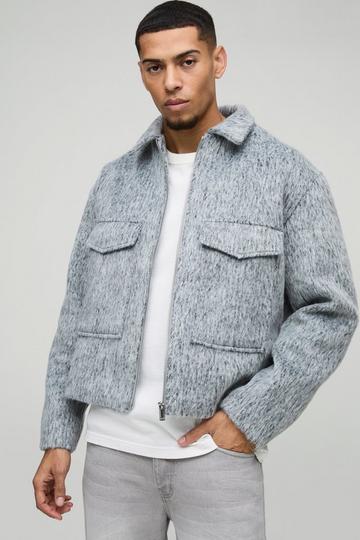 Oversized Boxy Marl Melton Utility Pocket Harrington Jacket grey