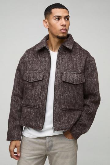 Oversized Boxy Marl Melton Utility Pocket Harrington Jacket brown