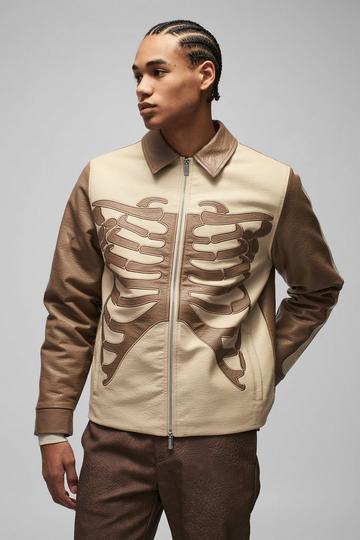 Regular Fit Tumbled PU Skeleton Applique Harrington Jacket brown