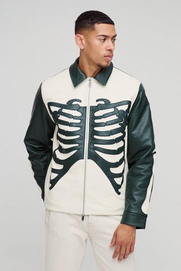 Regular Fit Tumbled PU Skeleton Applique Harrington Jacket forest