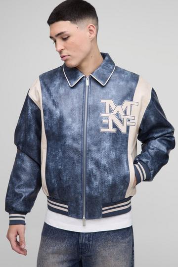 Boxy Man Badge Crinkle PU Varsity Jacket blue