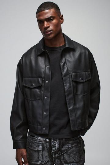 Oversized Tumbled PU Stitch Detail Trucker Jacket black