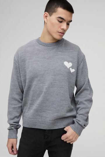 Oversized Boxy Heart Embroidered Knitted Jumper charcoal