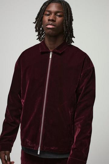 Oversized Zip Through Velour Overshirt wine