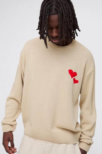 Oversized Boxy Heart Embroidered Knitted Jumper stone