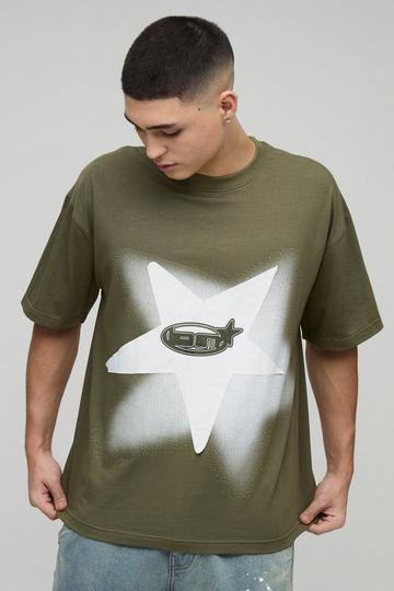 Oversized Extended Neck Star Applique Graphic T-Shirt khaki