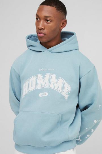 Blue Oversized Boxy Paint Splatter Homme Hoodie