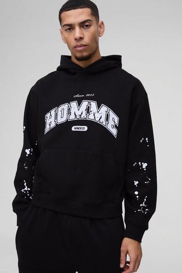 Oversized Boxy Paint Splatter Homme Hoodie black