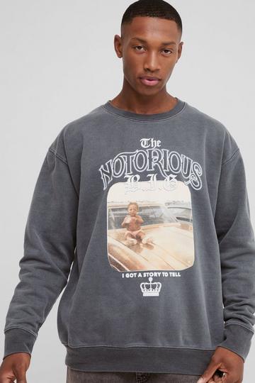 Charcoal Grey Oversized Wash Biggie License Print Sweatshirt