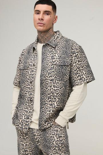 Tall Wash Leopard Boxy Fit Denim Shirt tan