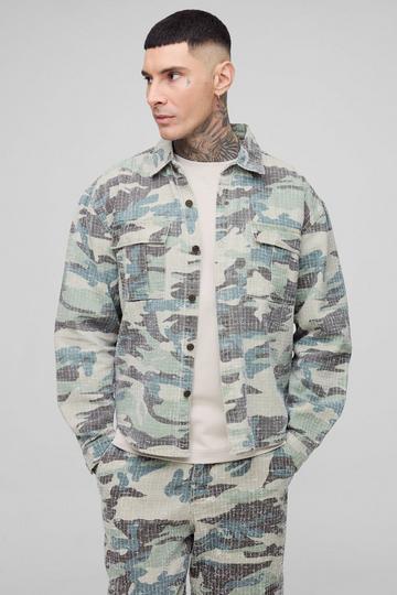 Tall Textured Camo Cargo Denim Overshirt khaki