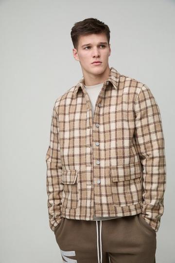 Tall Borg Lined Brushed Check Oversized Overshirt stone