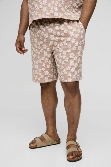 Stone Beige Plus Floral Jacquard Relaxed Fit Shorts