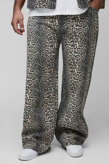 Tan Brown Plus Washed Leopard Relaxed Jeans