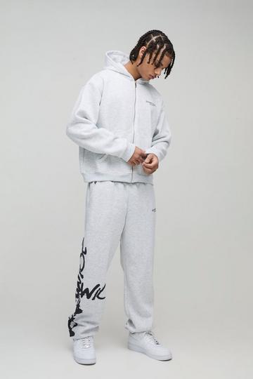 Oversized Boxy Zip Through Worldwide Graffiti Print Zip Through Tracksuit grey