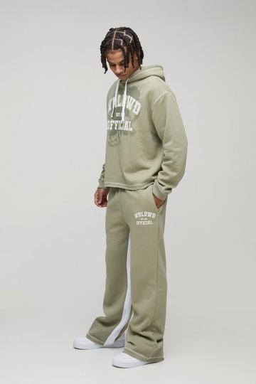 Oversized Boxy Varsity Worldwide Printed Raw Hem Flare Hooded Tracksuit khaki