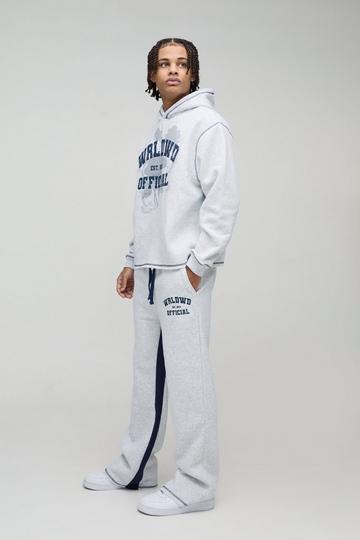 Oversized Boxy Varsity Worldwide Printed Raw Hem Flare Hooded Tracksuit grey