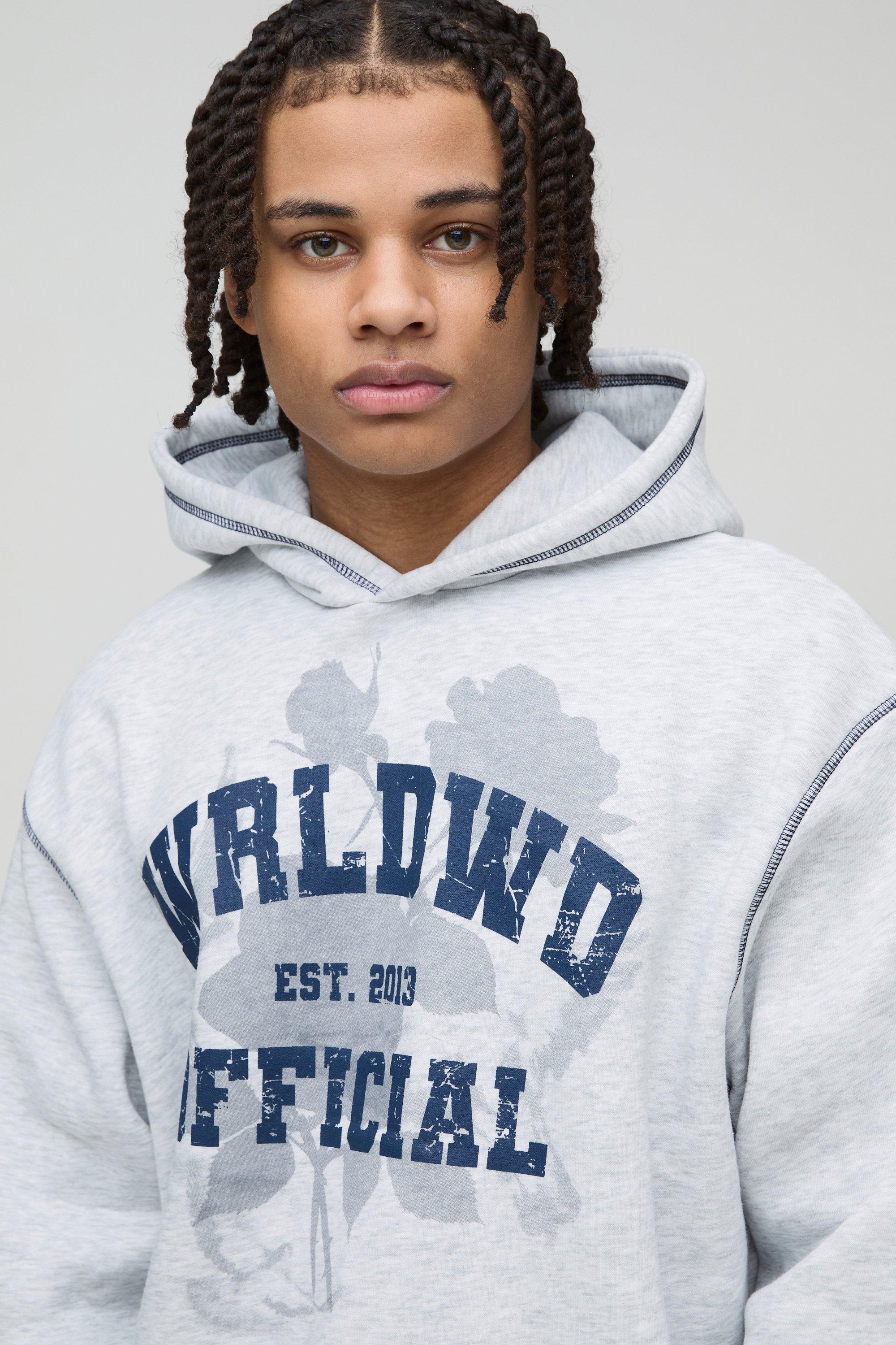 Oversized Boxy Varsity Worldwide Printed Raw Hem Flare