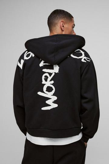 Black Oversized Boxy Zip Through Worldwide Graffiti Print Zip Through Hoodie