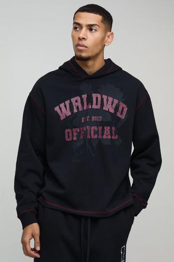 Oversized Boxy Varsity Worldwide Printed Raw Hem Hoodie black