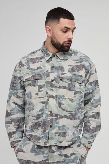 Plus Textured Camo Cargo Denim Overshirt khaki