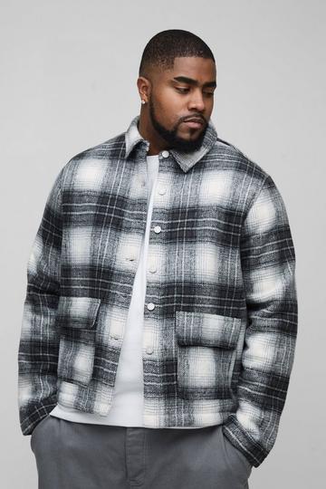 Plus Borg Lined Brushed Oversized Check Overshirt black