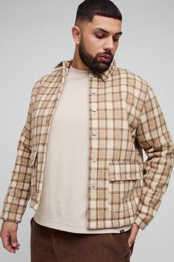 Plus Borg Lined Brushed Oversized Check Overshirt stone