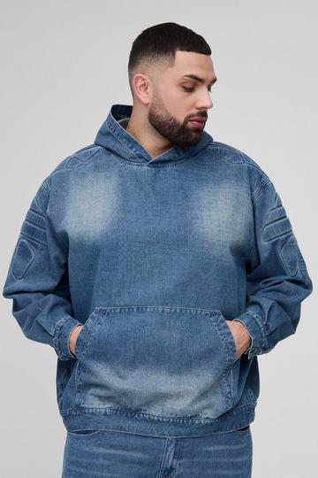 Plus Debossed Biker Denim Oversized Hoodie mid wash