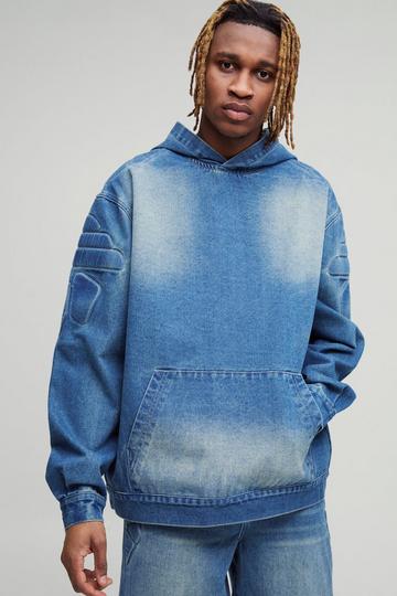 Tall Debossed Biker Denim Oversized Hoodie mid wash