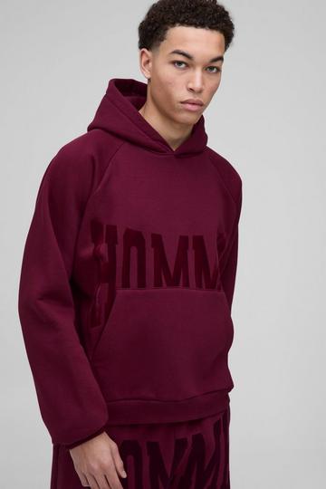 Oversized Boxy Homme Flock Print Raglan Hoodie burgundy