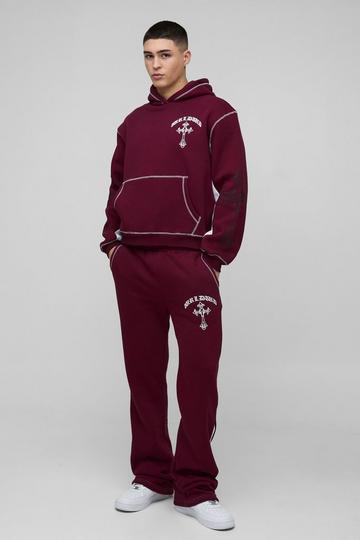 Oversized Boxy Cross Print Stacked Gusset Hooded Tracksuit burgundy