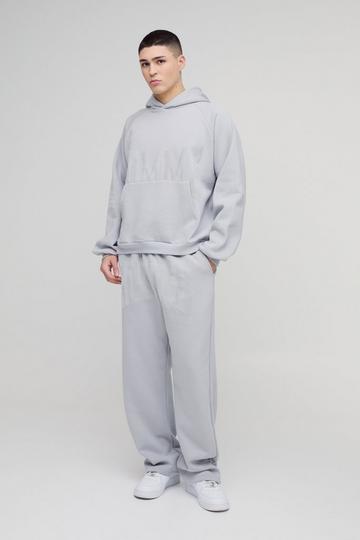 Oversized Boxy Homme Flock Print Raglan Hooded Tracksuit grey