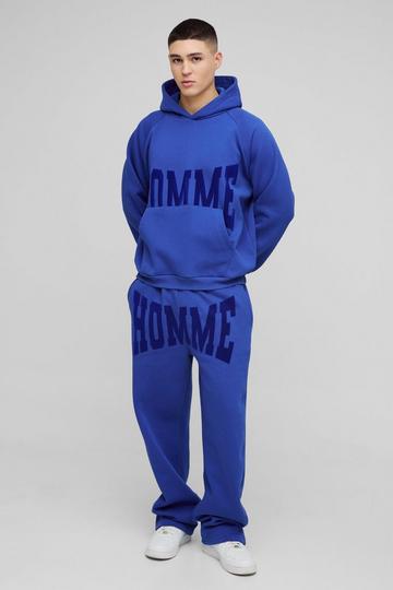 Oversized Boxy Homme Flock Print Raglan Hooded Tracksuit cobalt