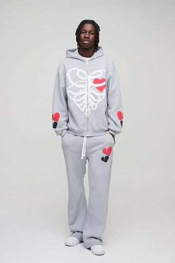 Oversized Heart Skelton Puff Print Flare Zip Through Tracksuit grey