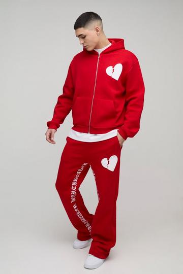 Oversized Boxy Hearts Puff Print Flare Gusset Print Hooded Tracksuit red