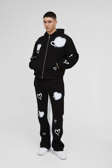 Black Oversized Boxy All Over Heart Printed Zip Through Hooded Tracksuit