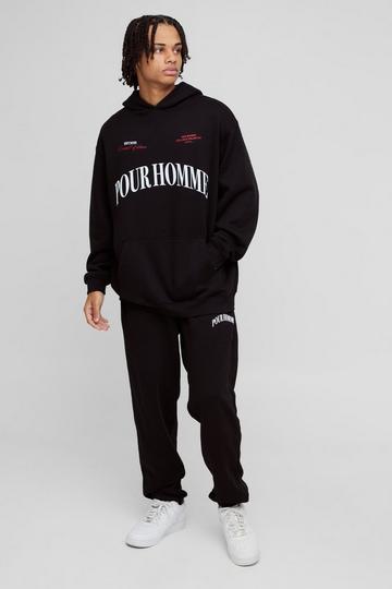 Black Oversized Homme Printed Hooded Tracksuit