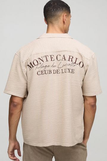 Oversized Embroidered Stripe Seersucker Revere Shirt beige