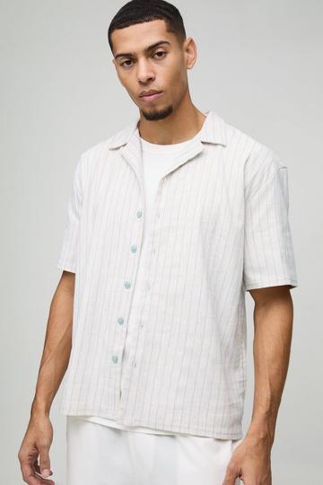 Oversized Linen Look Blue Embroidery Striped Revere Shirt stone